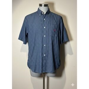 VINTAGE 90s Polo Ralph Lauren XXL Blue Windowpane Plaid Short Sleeve 100% COTTON